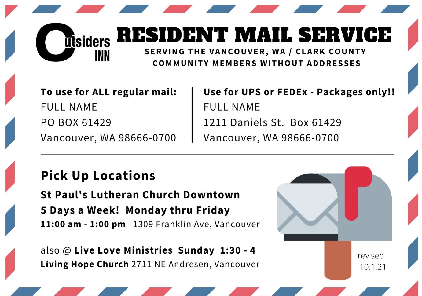 A photo of the Outsiders Inn Resident Mail Service postcard.
